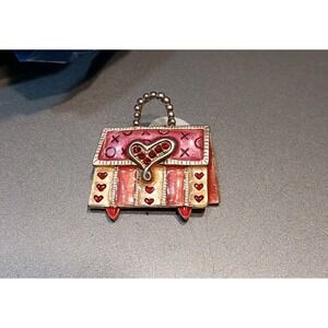 Vintage‎ AJMC Enamel Purse Pin Brooch Pink And Red Hearts X-O's Signed